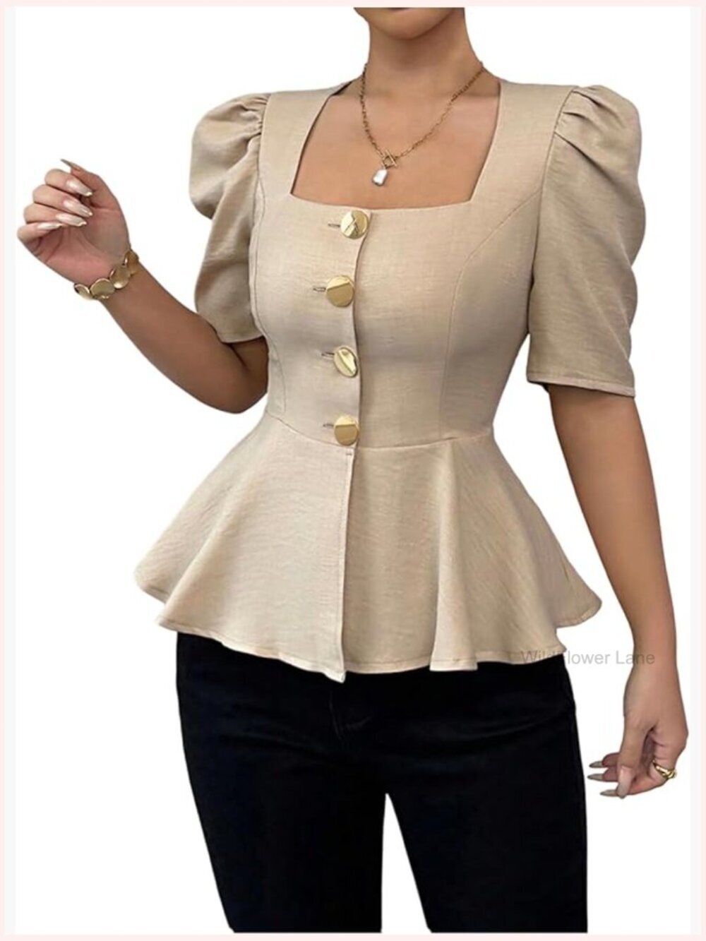 Elegant Puff Sleeve Peplum Square Neck Button Flared Blouse Top